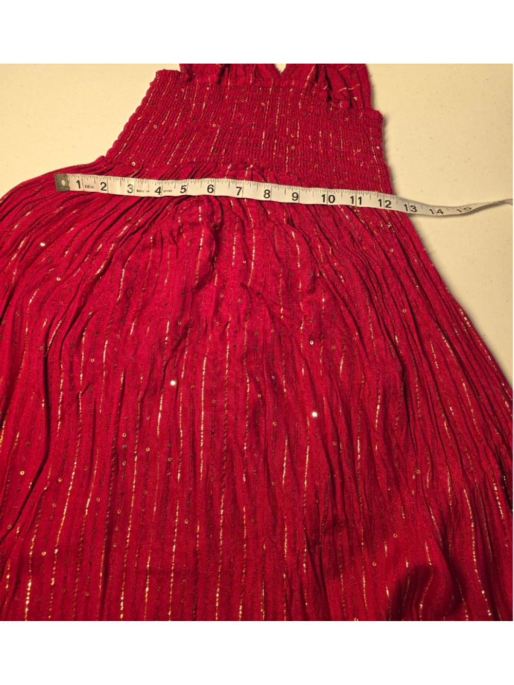 Sundress XS Red Gold Sequin Tie Strap Boho Resort Maxi Dress - Picture 10 of 11